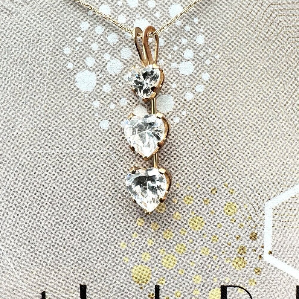 Womens 10K Yellow Gold Necklace Triple CZ Heart Pendant 16 Inch Estate